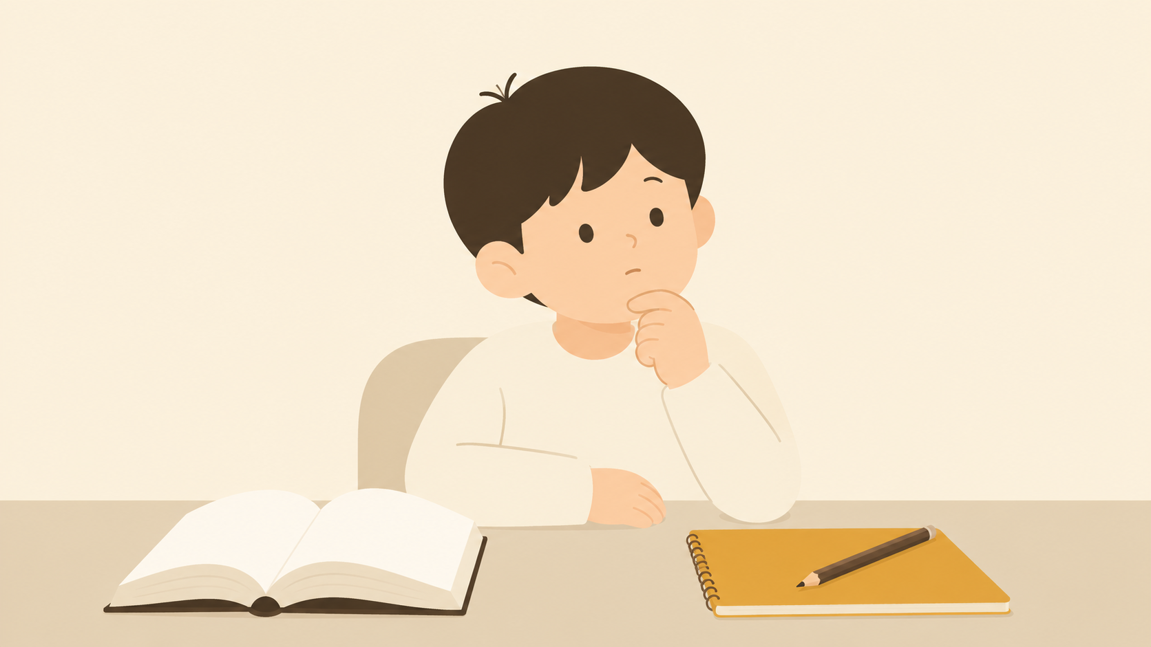 A child sitting with an open book and a notebook, thinking