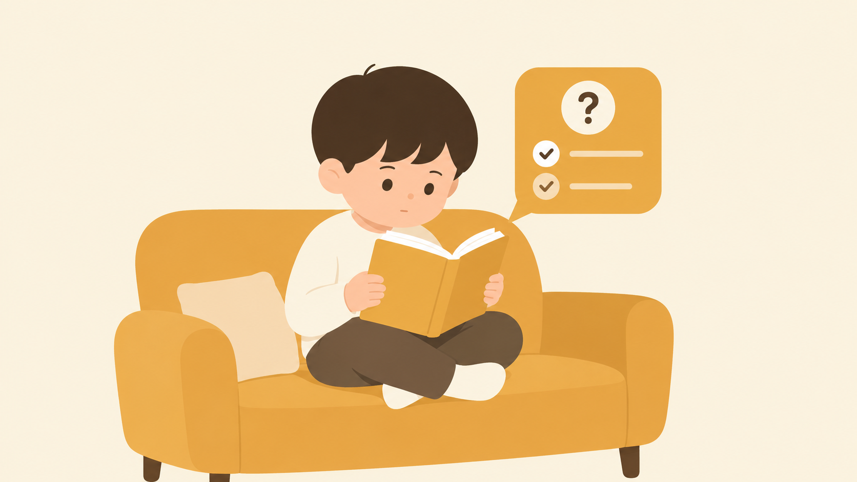 A child reading on the couch with a quiz speech bubble beside them