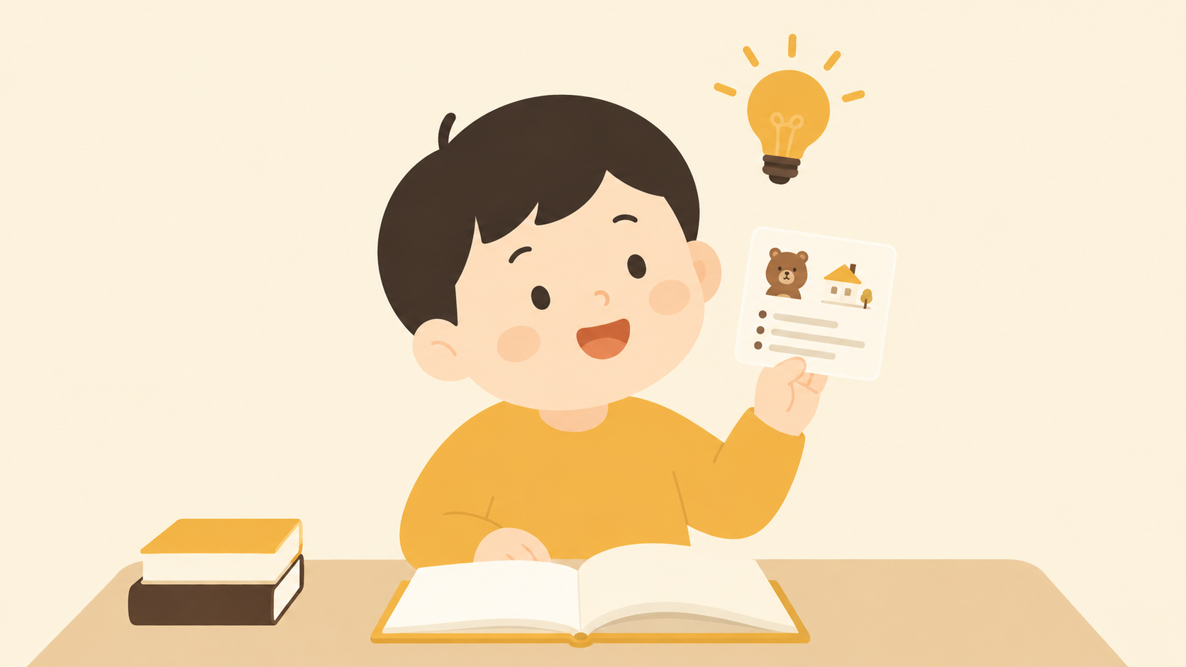 A child recalling a story with a short quiz card